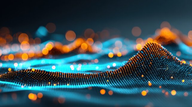 Abstract Data Visualization with Glowing Particles: Digital Technology, Network Communication and Waveform Illustration