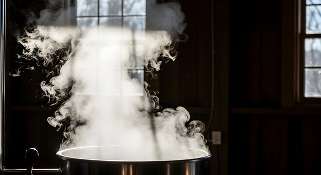Atmospheric steam rising from a large pot of boiling maple sap in a rustic sugar shack, illustrating the traditional syrup production concept