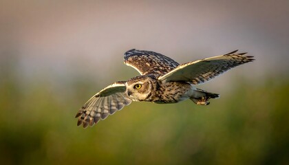 Fototapeta premium An owl with striking eyes soars through the air, wings outstretched