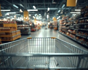 Naklejka premium Empty Shopping Cart in Supermarket Aisle, Offering Consumer Perspective for Retail and Grocery Concepts