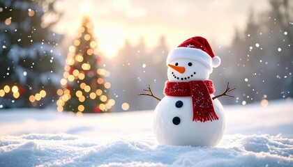 Fototapeta premium A festive snowman with a red hat and scarf stands in snowy landscape near a lit Christmas tree