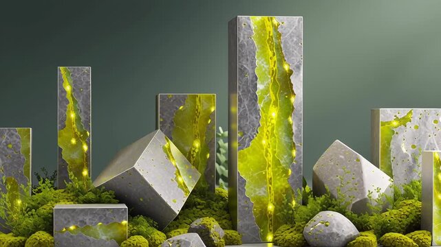 Symbolic rare earth green energy power concept, solid clean metallic structures infused with radiant mineral veins, balance between nature and technology, minimal yet optimistic composition, modern 