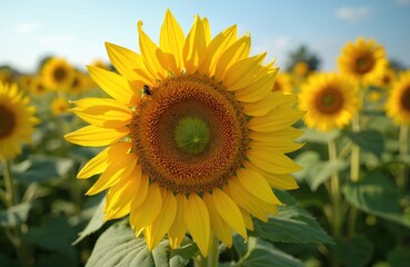 Obraz premium Close up of bright yellow sunflower head in field under blue sky. Bee on petal collects pollen on sunny summer day. Many sunflowers bloom in background.