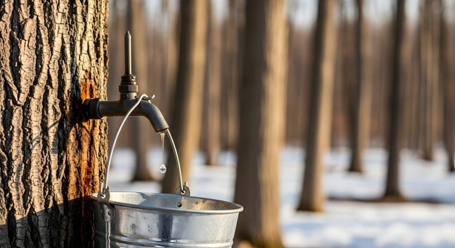 Maple sap tapping process in a snowy forest during golden hour, illustrating the traditional syrup production concept