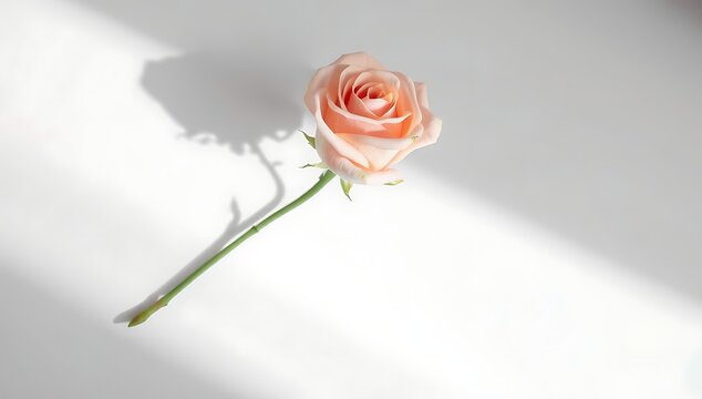 A single delicate pink rose lies on a white surface, casting a soft shadow, symbolizing purity, love, and gentle beauty with subtle lighting. valantine , love