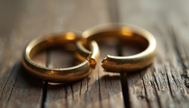 Broken gold wedding rings sit on rustic wood surface. Symbolizes divorce breakup and relationship challenges. Represents marital problems and legal separation aftermath.