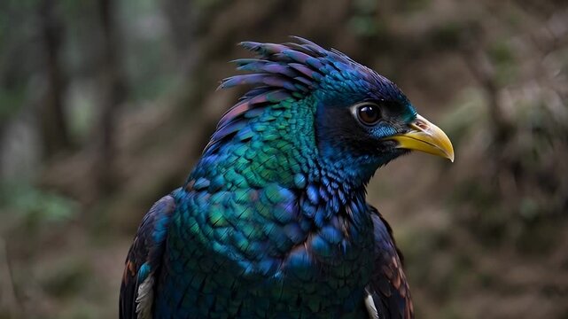 Himalayan monal standing on rocky ledge and turning head slowly as feathers catch light