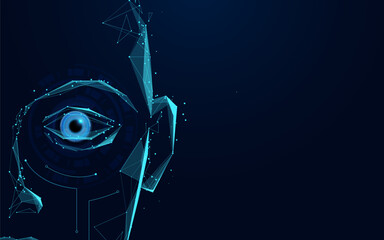 Blue face with a blue eye is shown on a dark background