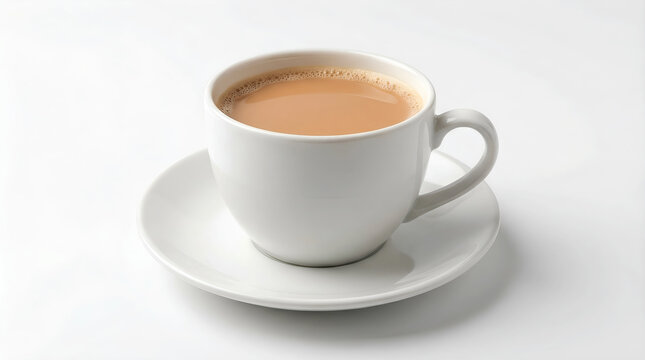 A pristine white ceramic teacup filled with a warm, milky beverage, likely tea or chai, sits elegantly on its matching saucer against a clean white background.