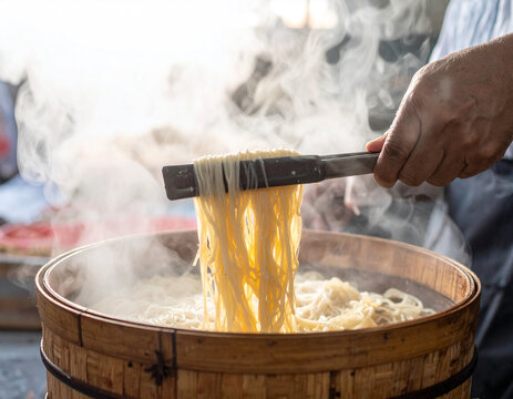 Aromatic steam rising from freshly cooked noodles in a bamboo steamer, sensory close-up shot