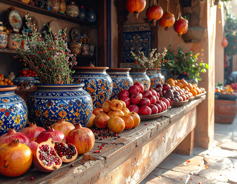 An ornate street market stall overflowing with vibrant pomegranates, citrus fruits, and decorative vases, showcasing abundance and natural goodness