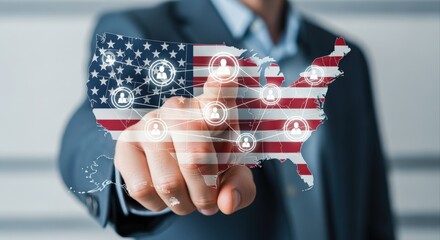 US Networking Concept: Man Touches United States Map with Social Network Connections, Representing National Connectivity