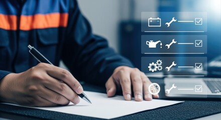 Obraz premium Automotive Technician Completing Vehicle Checklist with Digital Overlay, Ensuring Quality Maintenance and Service Standards