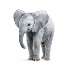 Obraz premium Baby elephant standing with a curious expression in a bright and neutral background, showcasing its playful nature and gentle features