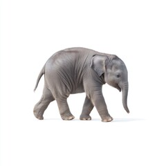 Fototapeta premium Baby elephant walking gracefully on a white background showcasing its adorable features and playful nature in a serene pose