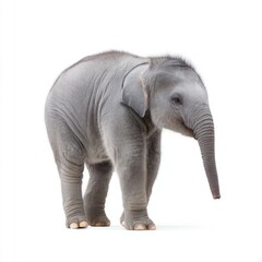 Fototapeta premium Adorable Baby Elephant Standing on White Background with Gentle Expression and Soft Features Capturing the Wonder of Wildlife