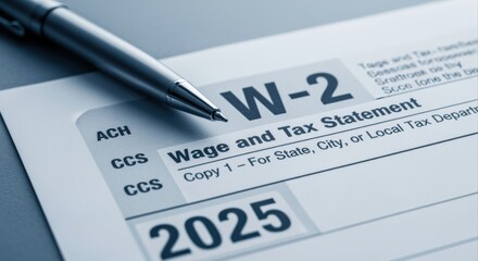 Obraz premium Wage and Tax Statement Form W-2 with Pen, Representing Financial Planning and Tax Preparation for the Year 2025