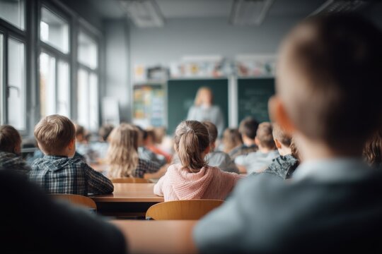 Classroom Scene: Students Listen Attentively to Teacher During Lesson in a Brightly Lit Room