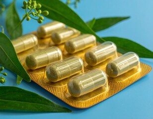 Capsules in blister pack with leaves on blue