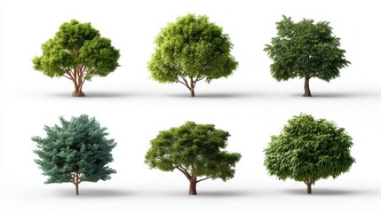 Fototapeta premium Diverse Collection of Six Beautiful, Lush, Green Trees on a Clean White Background for Nature and Environmental Concepts