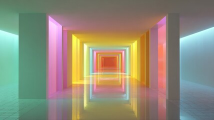 Naklejka premium Abstract Multicolored Hallway with Reflections, Futuristic Interior Design for Modern Architecture and Creative Visuals