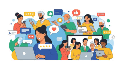 people using devices, social media, online communication