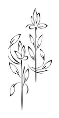 stylized blossoming flowers on tall stems with leaves; graphic decor