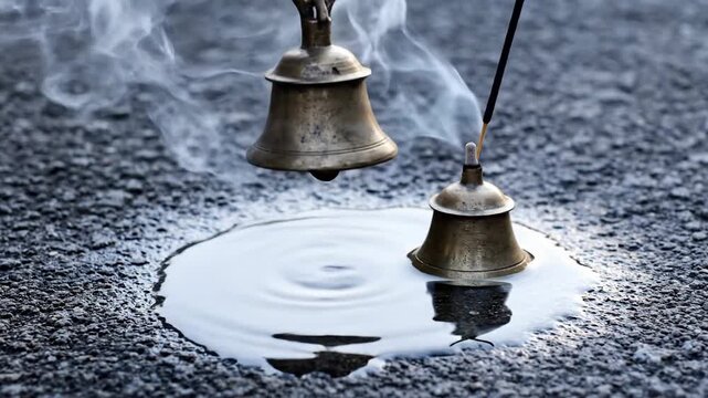 Two antique brass bells hang above a dark textured surface with a pool of water and rising smoke from an incense stick creating a serene and contemplative atmosphere with a soft focus effect