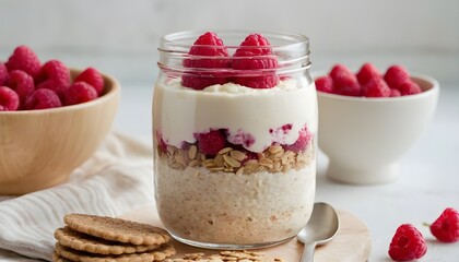raspberry cheesecake overnight oats in a clear jar