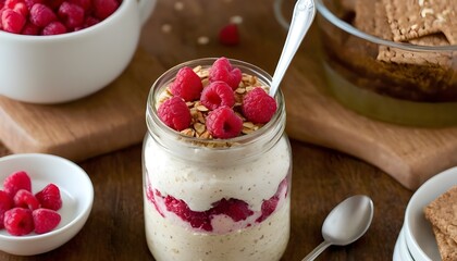 raspberry cheesecake overnight oats in a clear jar