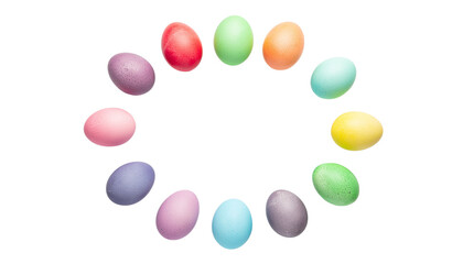 Pastel colored easter eggs arranged in a circular pattern around a white space on a white background cutout on alpha channel
