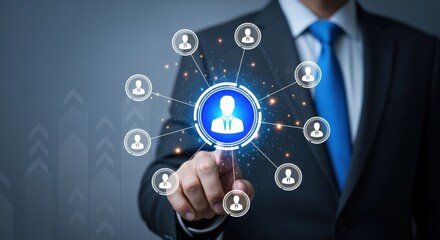 Fototapeta premium Businessman Touching Digital Interface Representing Network Connection, Social Media, and Business Communication for Modern Marketing