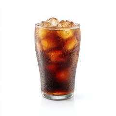 Refreshing Glass of Iced Cola with Bubbles and Ice Cubes in a Clear Cup on White Background