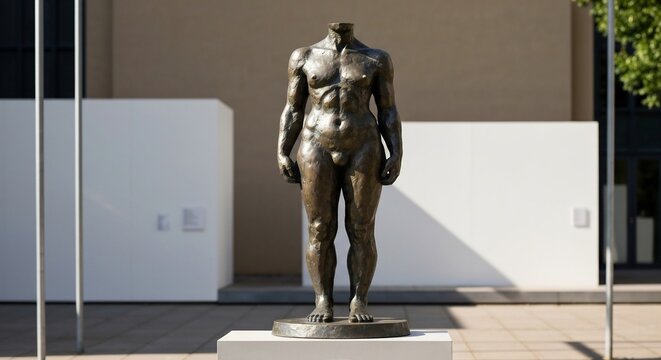 A headless bronze male statue stands outdoors on a white pedestal