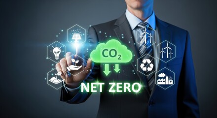 Obraz premium Net Zero Emissions Concept: Businessman Tapping Holographic Interface Showcasing Sustainable Energy Solutions and Carbon Neutrality Initiatives