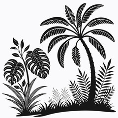Fototapeta premium Tropical Paradise Silhouette Palm Tree and Exotic Plants Illustration.