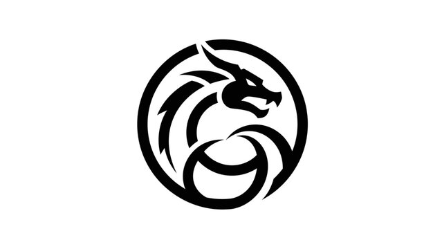 Black dragon head logo in a circular frame on a white background.