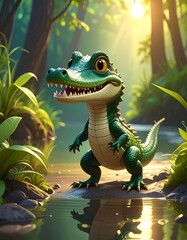 Cartoon alligator stands by water, sunlight streams through trees