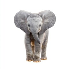 Fototapeta premium Adorable Young Elephant Walking Towards Camera on White Background in Studio Environment with Soft Lighting