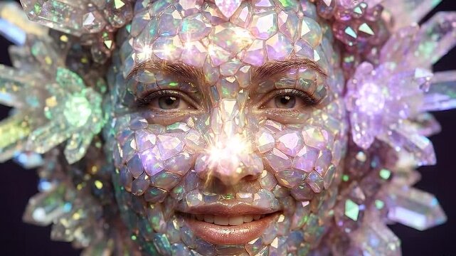 A stunning close-up portrait of a smiling woman whose face and head are intricately formed from glowing, iridescent, multi-colored crystals.