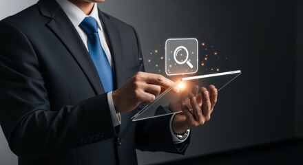 Naklejka premium Professional businessman interacts with futuristic augmented reality digital search interface on tablet device for business purposes