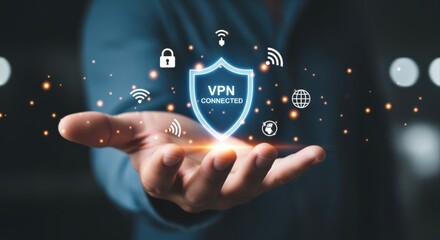 Obraz premium Virtual Private Network Connectivity: Hand Holding VPN Shield with Secure Network Icons and Glowing Light