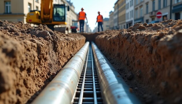 Two large pipes run through trench on city street. Construction workers in safety vests and helmets stand in background near excavator. Urban infrastructure project involves utility installation.
