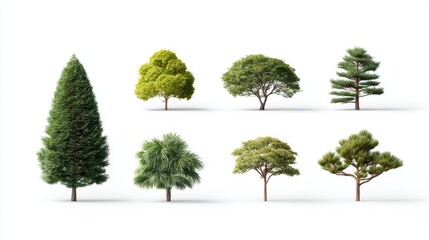 Fototapeta premium Collection of Various Tree Types on a White Background for Nature and Landscape Design Projects and Illustrations in Digital Art and Graphics