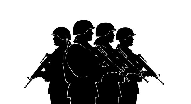Silhouetted soldiers standing in formation with rifles ready depicting military strength and unity