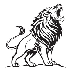 Obraz premium Roaring lion vector illustration with flowing mane. Powerful black and white king lion mascot design.