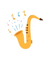 Cartoon golden saxophone playing notes and sound effects