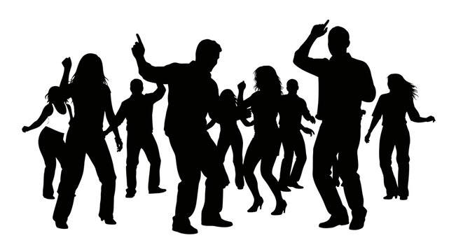 Silhouette of group of people dancing and having fun at party with dynamic poses