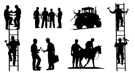 Silhouetted figures engaged in various activities including construction and horseback riding