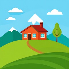 Cartoon house on a hill, scenic outdoors, sunny day
